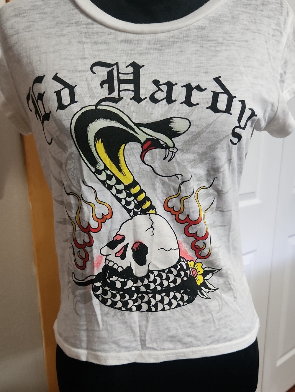 Ed Hardy White Graphic Skull & Snake Tee with Flame Accents